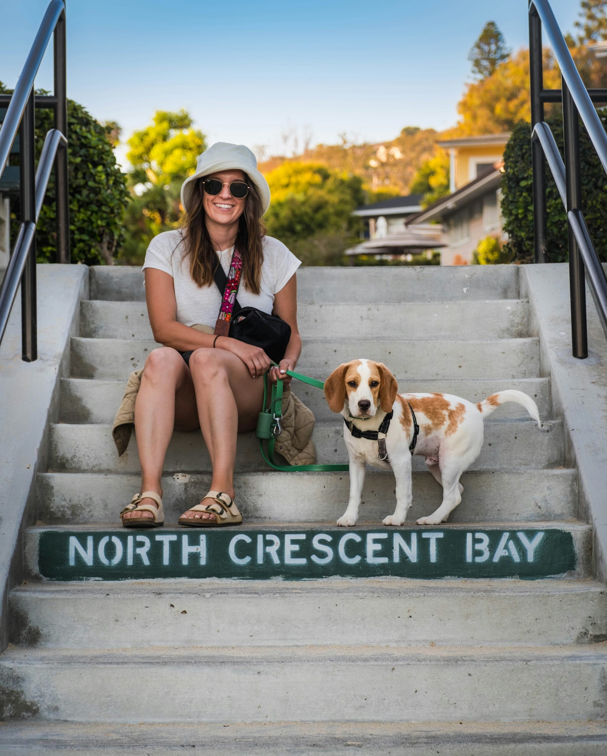 Woman sitting on stairs with a Beagle dog at North Crescent Bay.