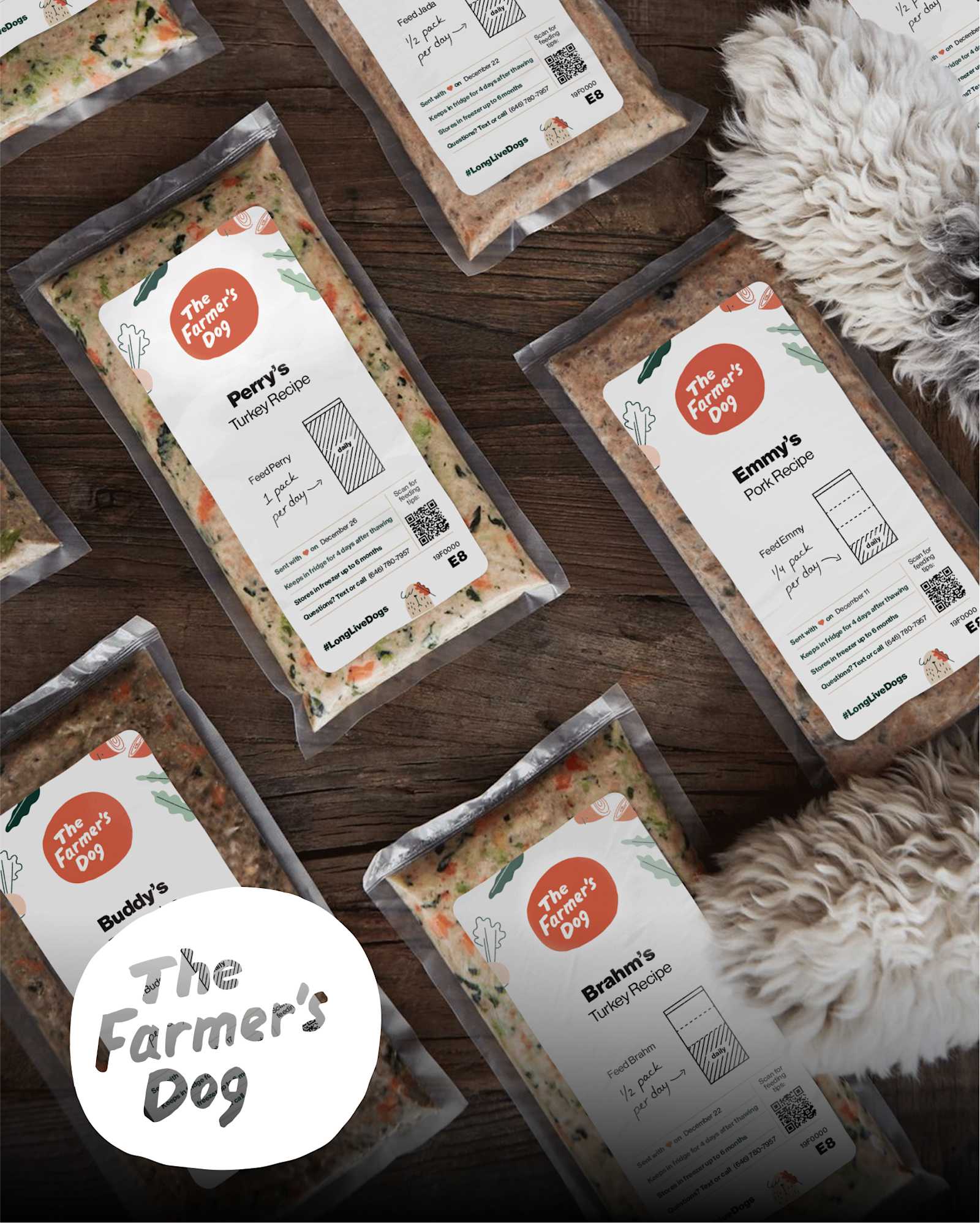 Top-down view of multiple The Farmer’s Dog fresh food packs with turkey and pork recipes, surrounded by fluffy dog paws on a wooden floor.