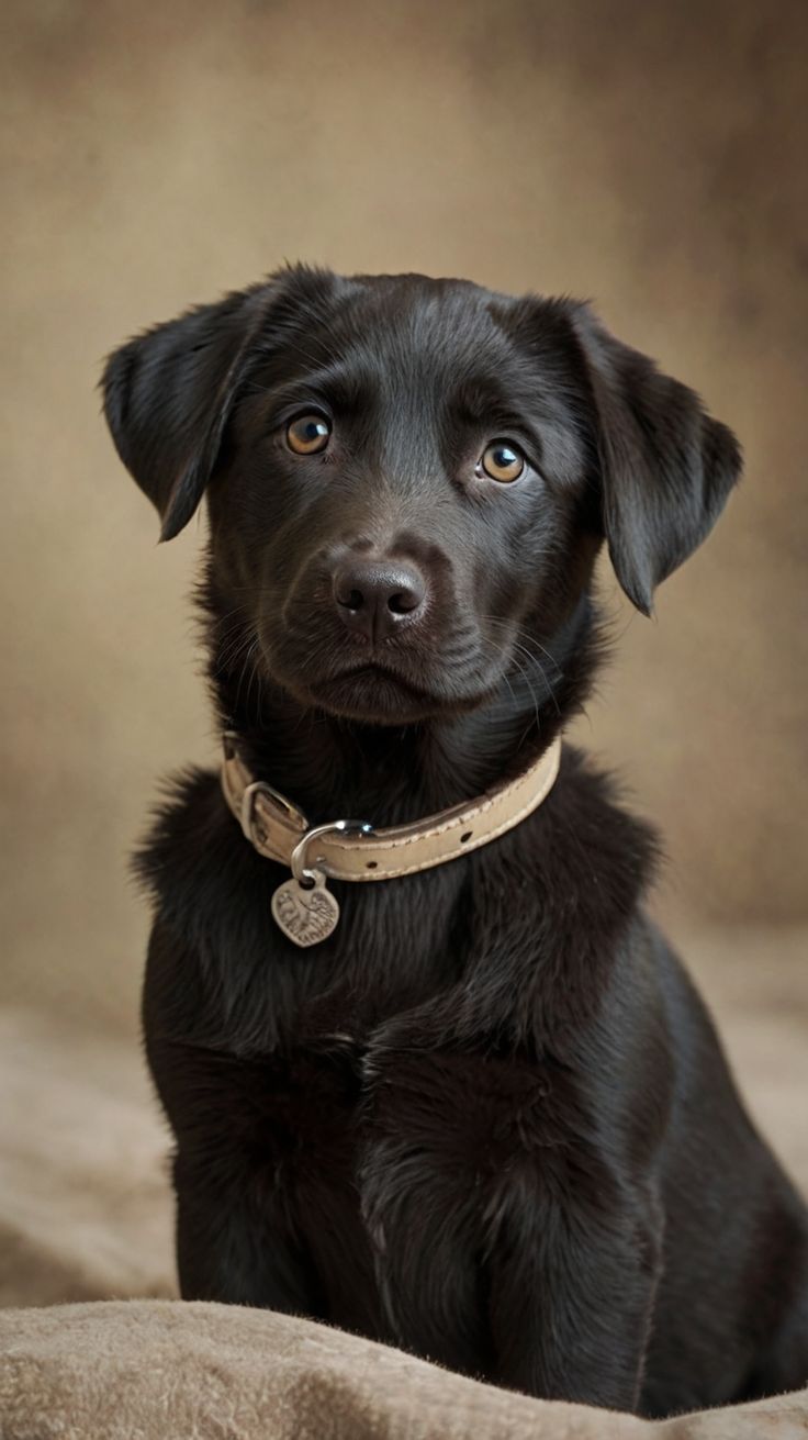 Young black Labrador Retriever sitting indoors with a beige collar.