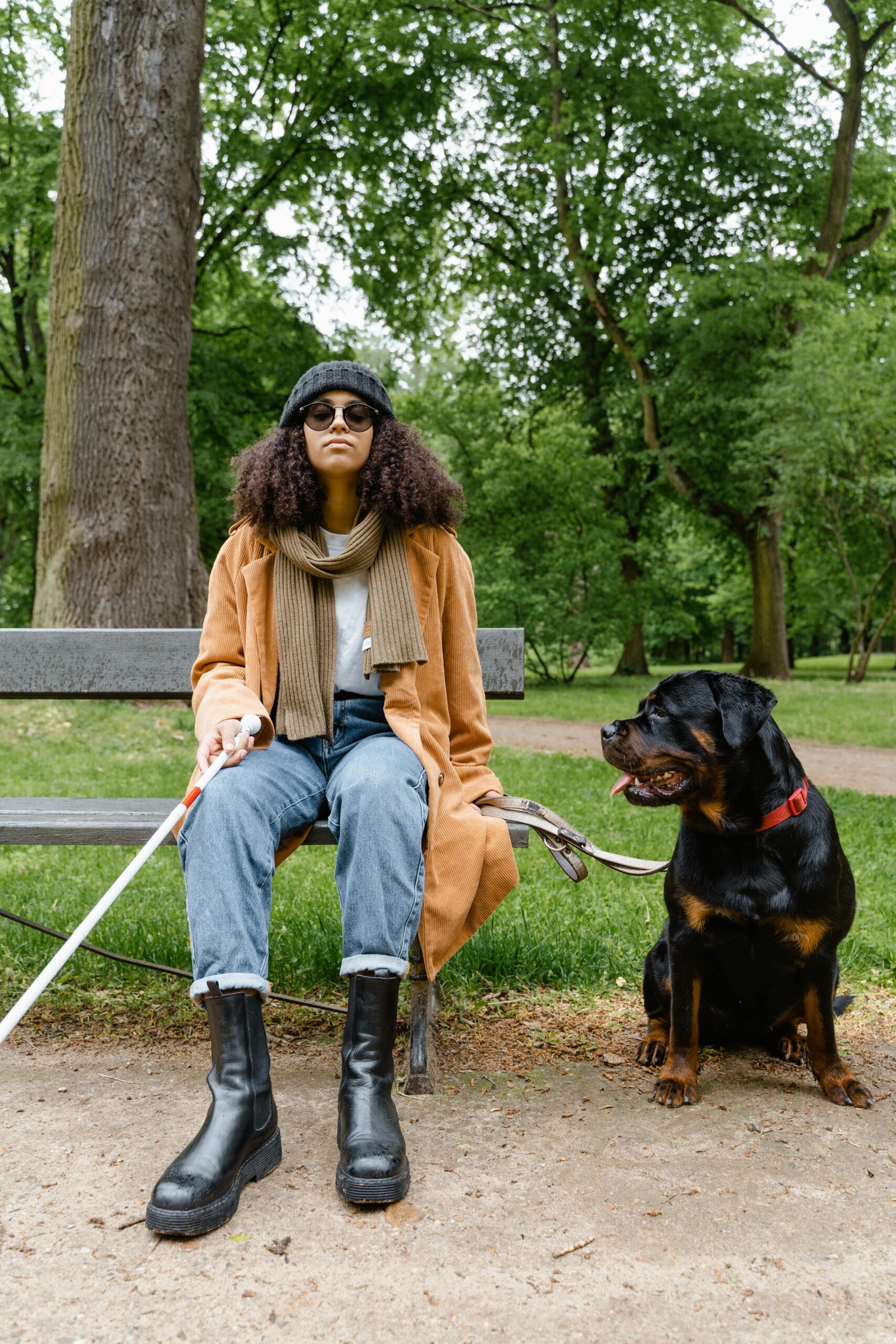 Young woman with sunglasses sitting on a bench with her Rottweiler guide dog