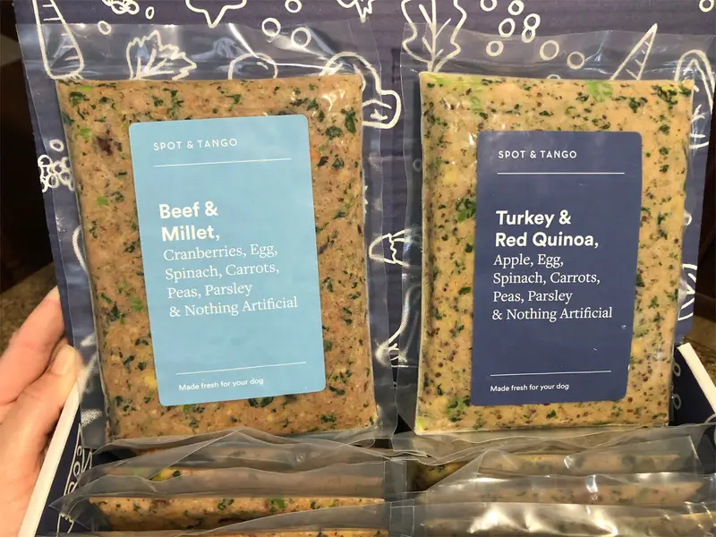 Spot & Tango Beef & Millet and Turkey & Red Quinoa fresh dog food packs, crafted with human-grade ingredients for balanced canine nutrition.