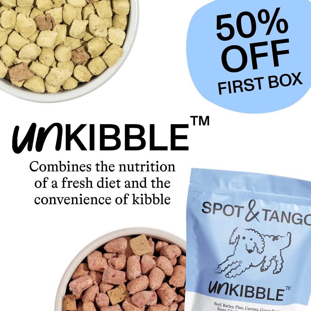 Close-up of Spot & Tango UnKibble product showing kibble texture and 50% off discount promotion